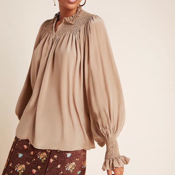 Anthropologie Love Sam Lissa Silk Peasant Blouse Embroidered Smocked Tan Sz XS - Picture 3 of 16